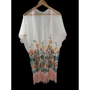 Haute Hippie Boho Sheer Floral Kimono Fringe Cardigan One Size Festival Cover Up
